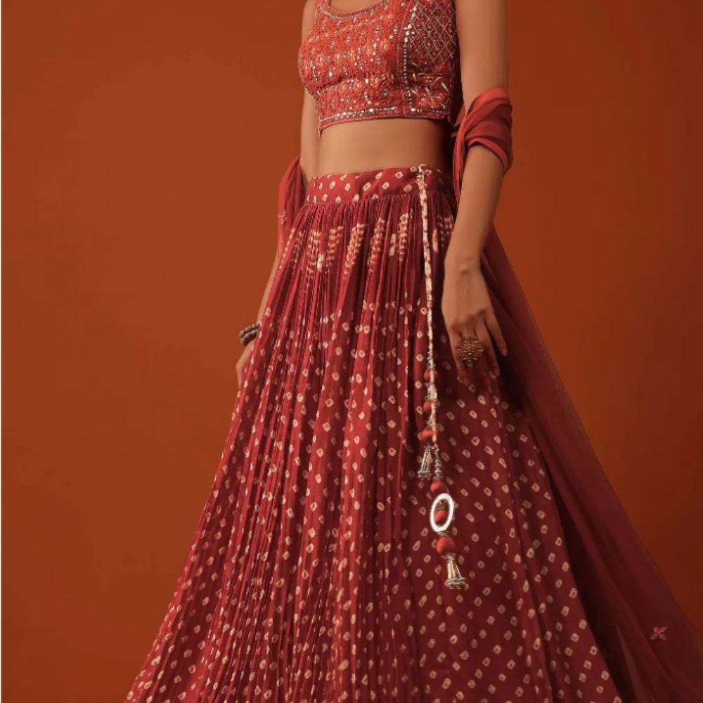 Fire Orange Bandhani Printed Lehenga And Blouse Set In Silk KALKI